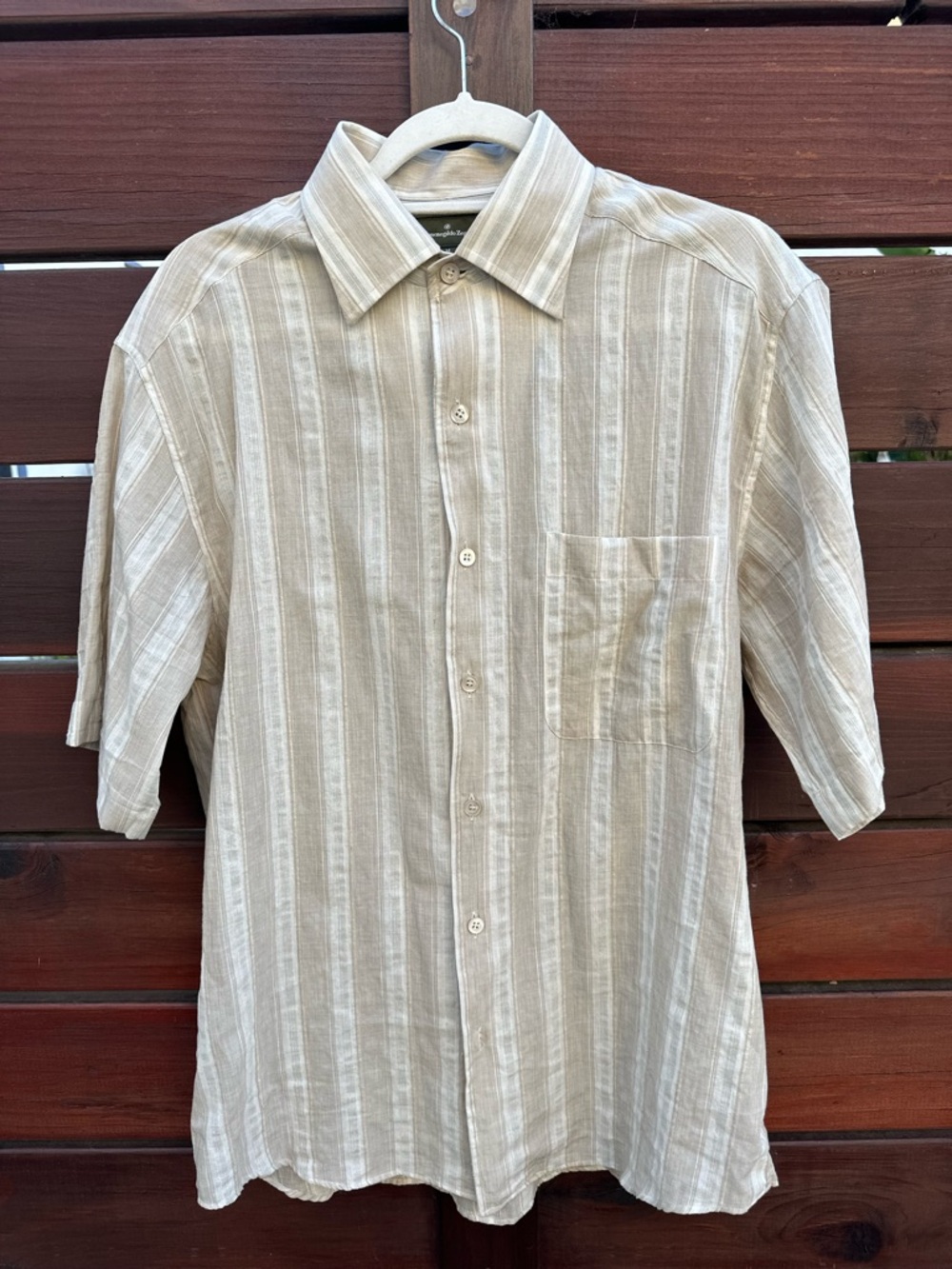 Ermenegildo Zegna Beige and White Stripe Short-Sleeve Button-Down Shirt